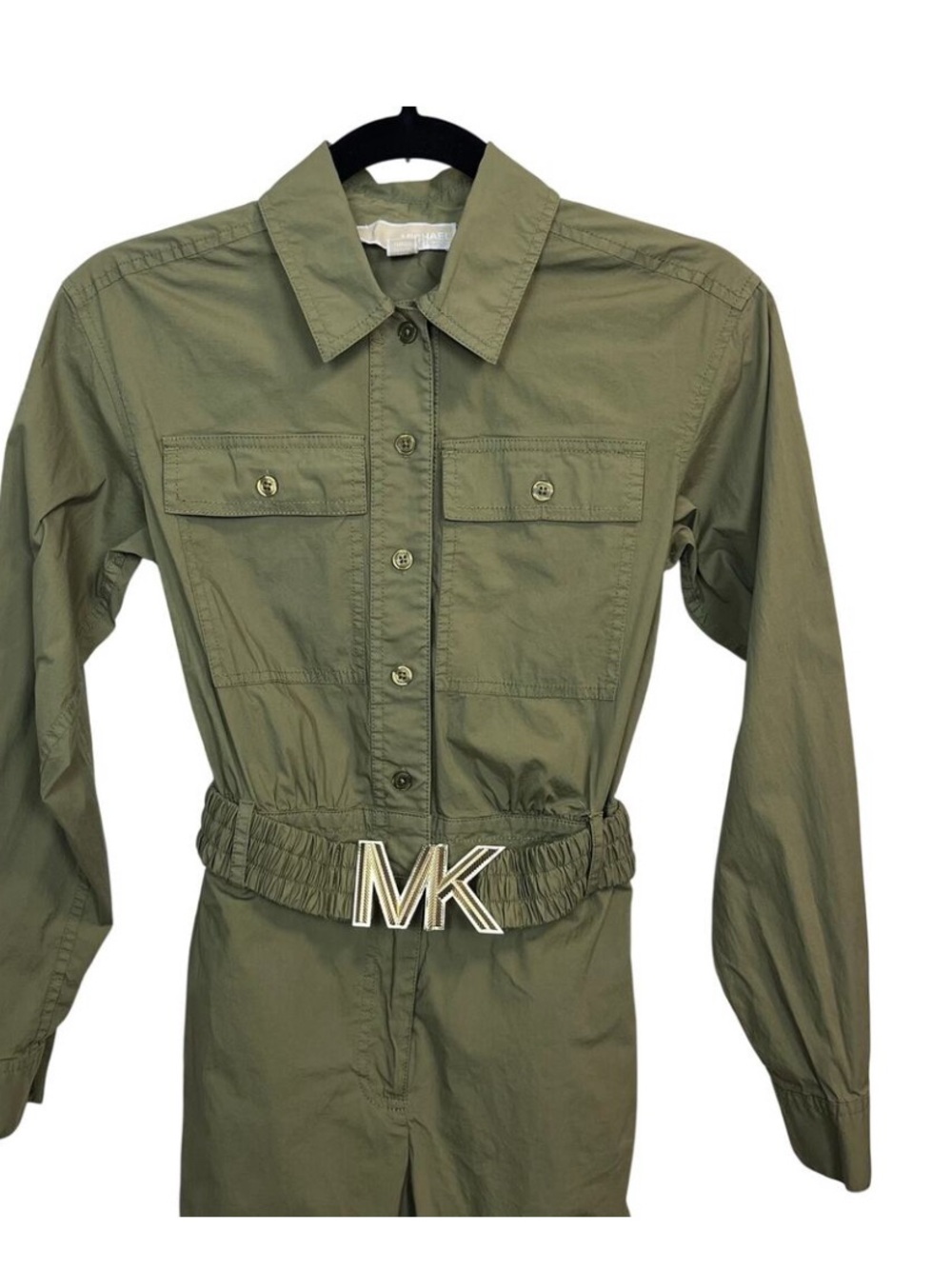 Michael Kors Olive Green Cargo Jumpsuit Women’s XXS MK Belt Long Sleeve
